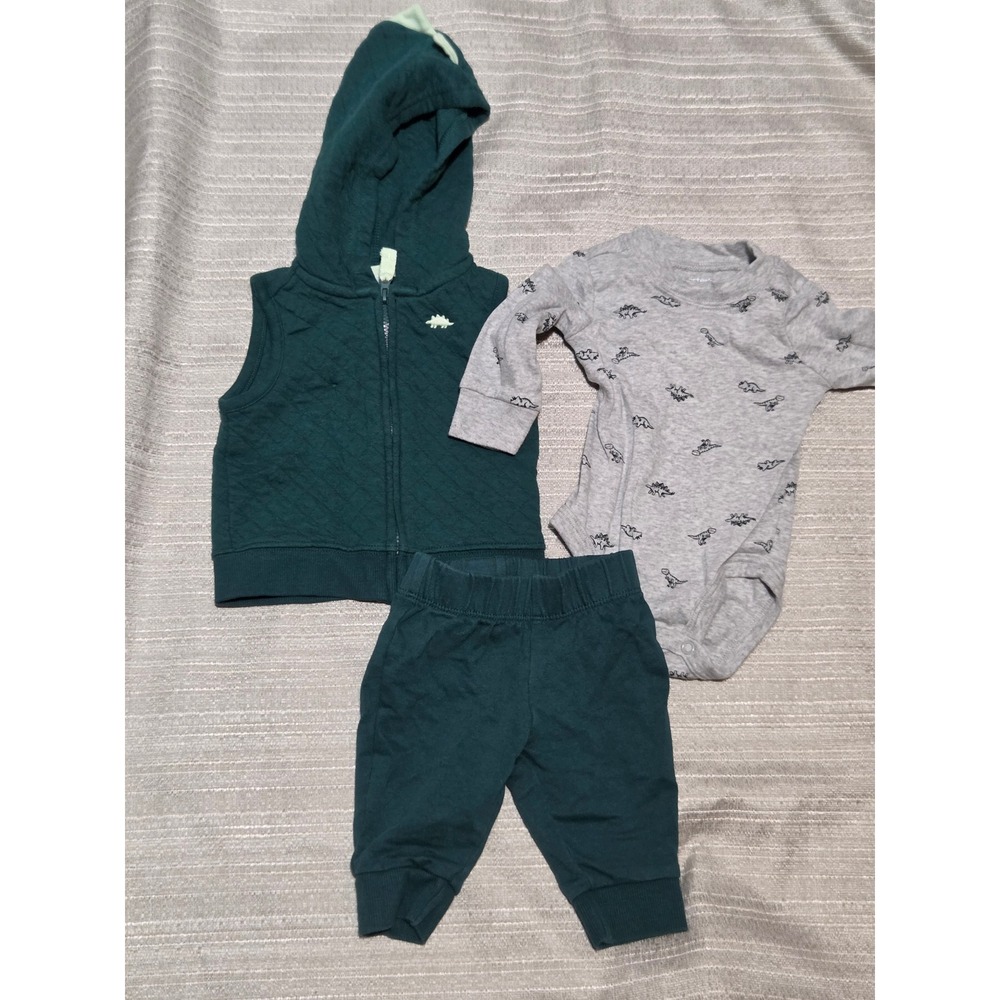 Carters Baby Boys 3 Piece Dinosaur Vest Bodysuit and Pants Set Green Grey 3M